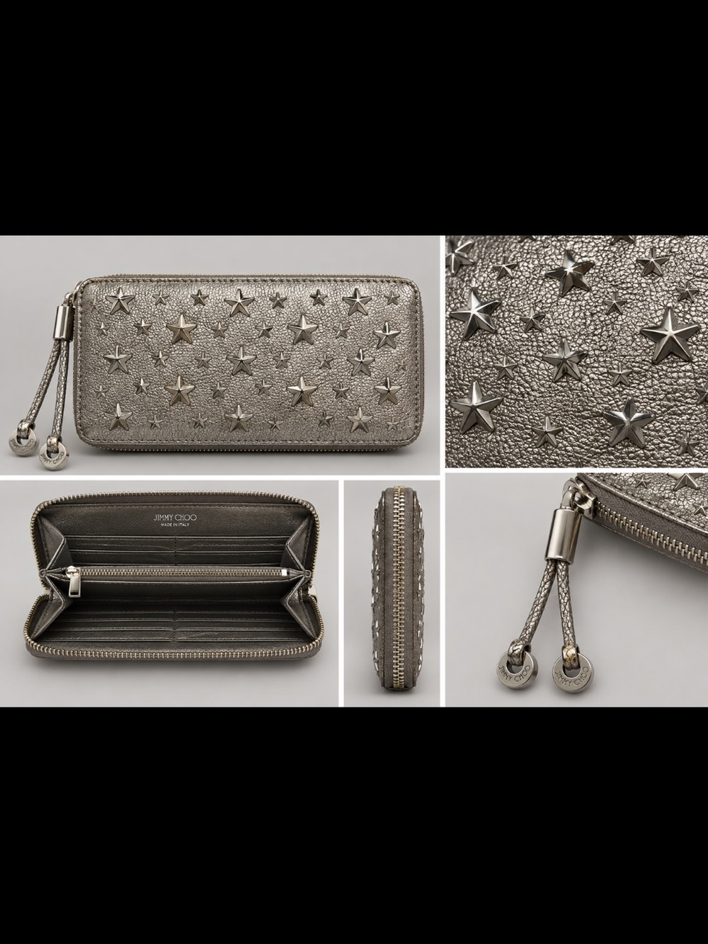 Jimmy Choo Filipa Metallic Silver Star-Studded Zip-Around Continental Wallet - Picture 2 of 14